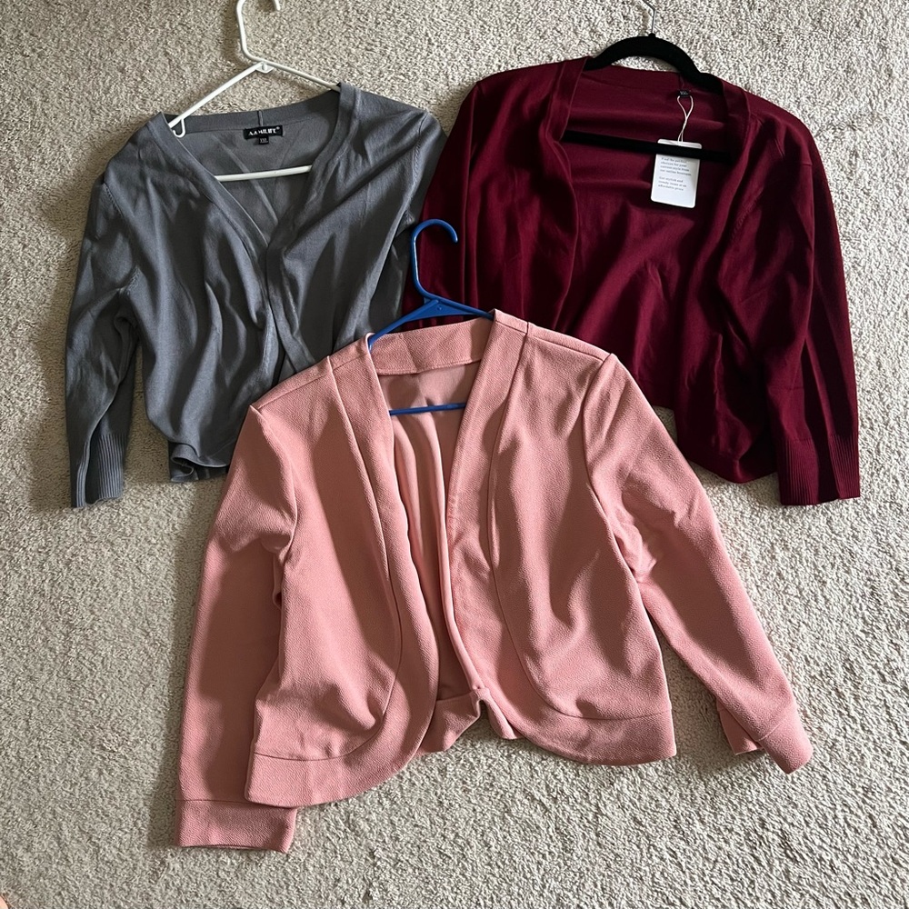 Set of Three Shrug Cardigans in Pink, Gray, and Maroon